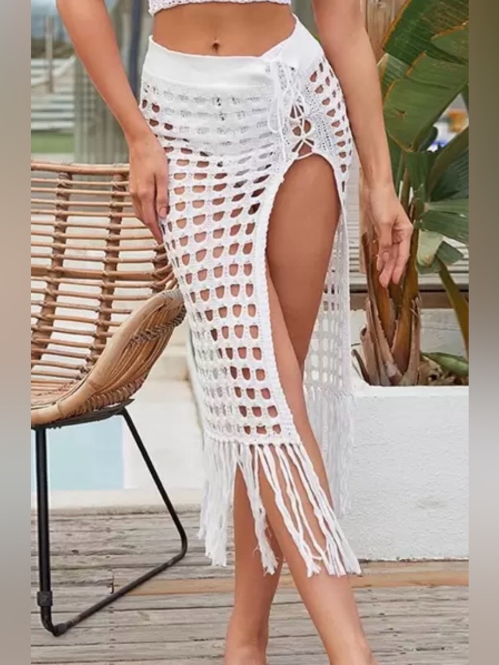SHEIN White Crochet Fringe Swim Coverup Skirt
